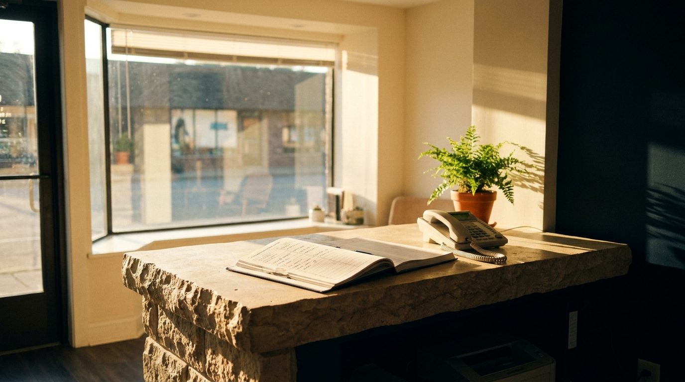 A small business front desk in early morning light, phone and appointment book on the counter