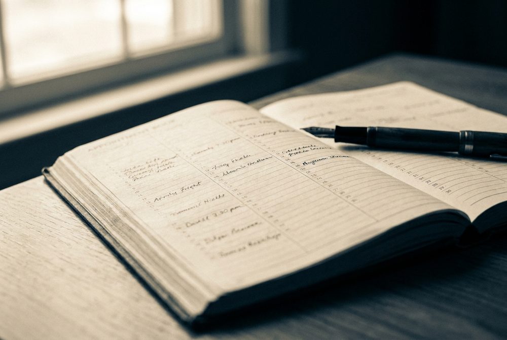 An open appointment book with a pen resting on the page