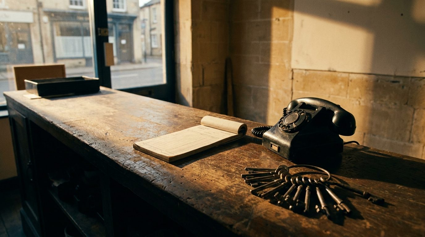 Morning light raking across a quiet workshop counter